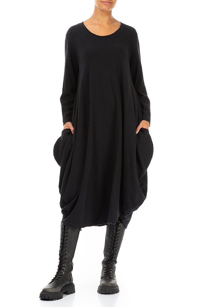 Wide Black Rib Cotton Wool Dress