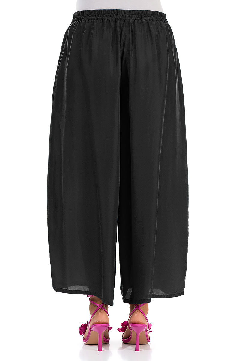 Cropped Wide Black Pure Silk Trousers 2