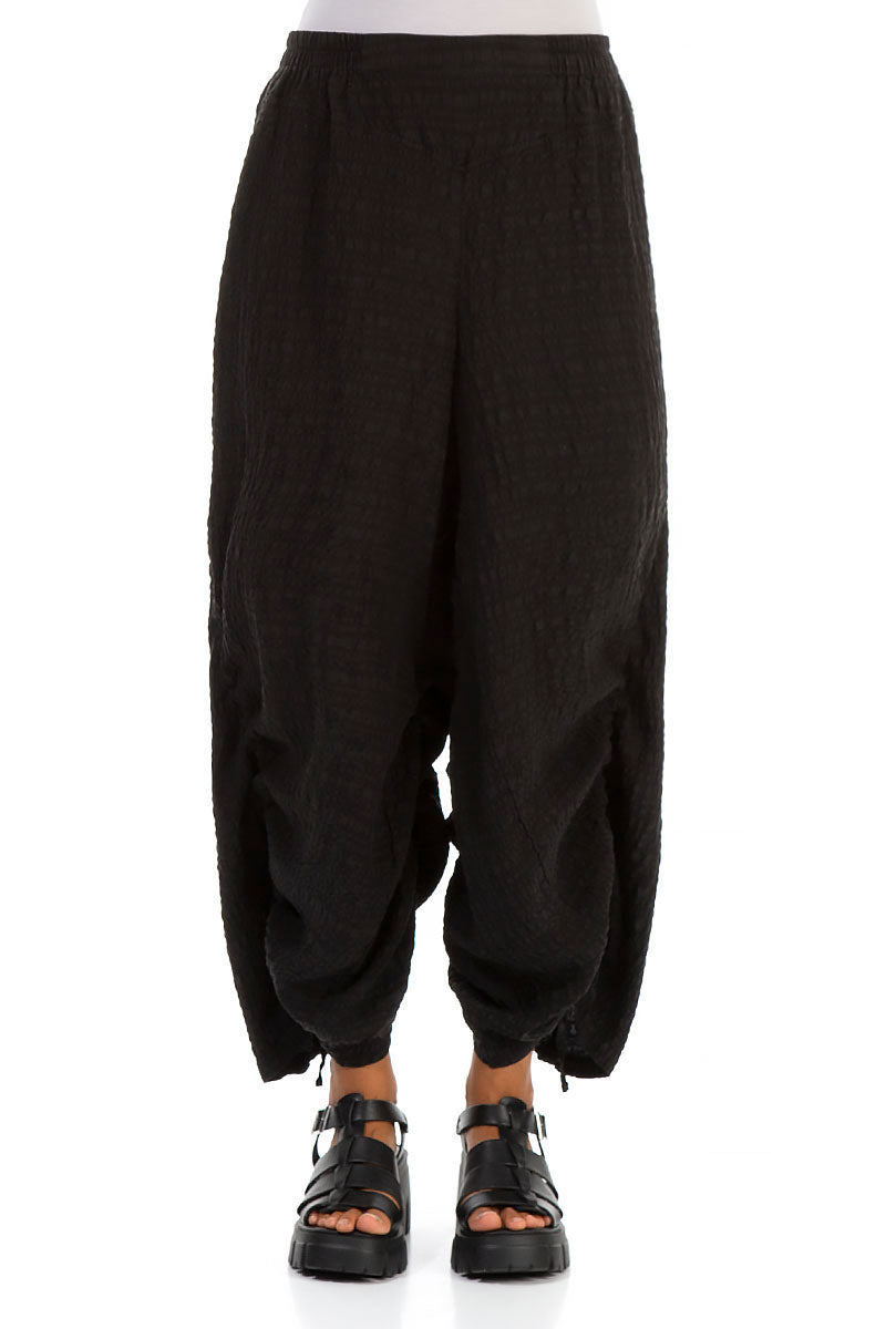 Ruched Wide Black Silk Trousers - grizas.com