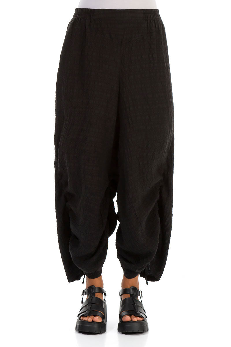 Ruched Wide Black Silk Trousers