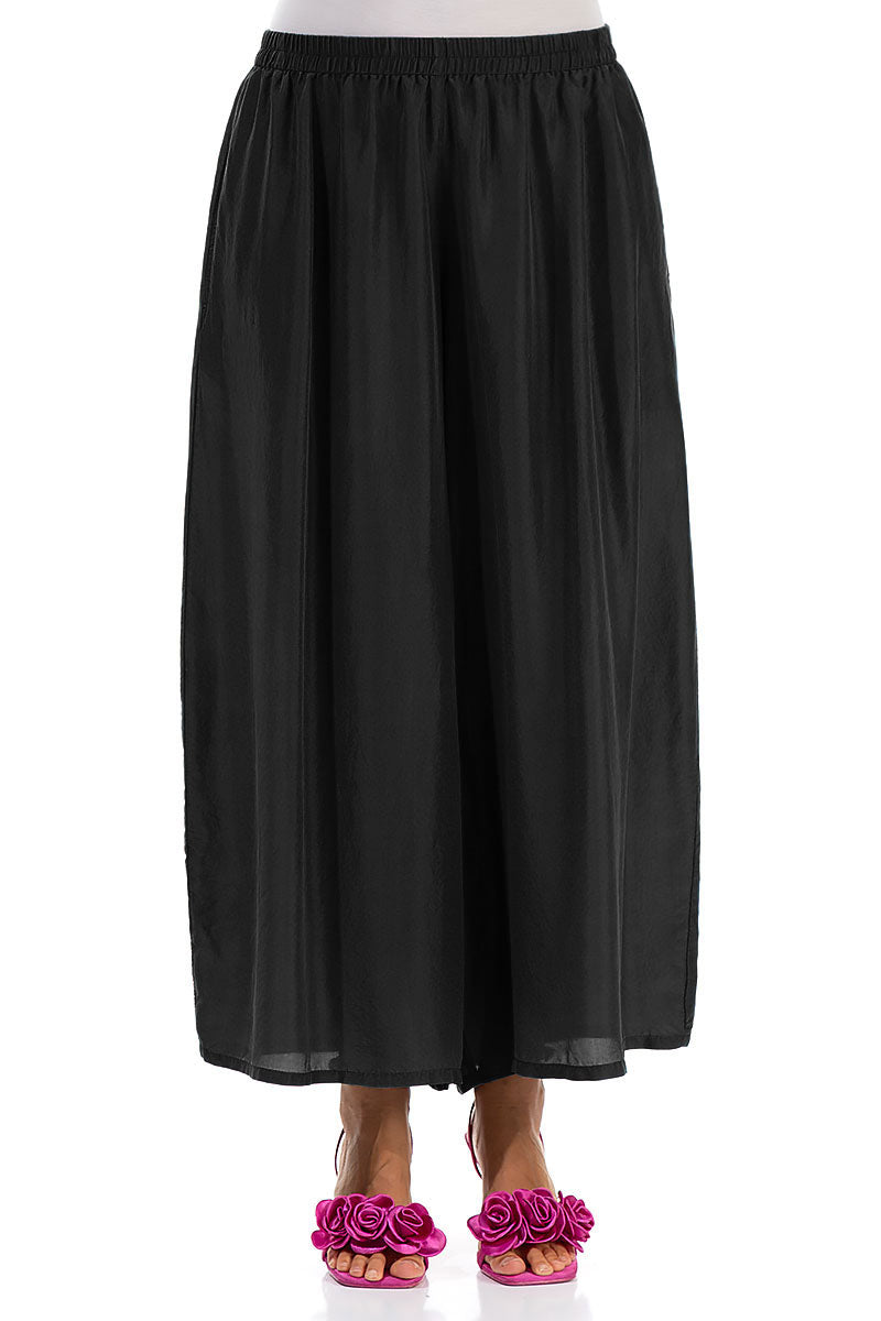 Cropped Wide Black Pure Silk Trousers 1