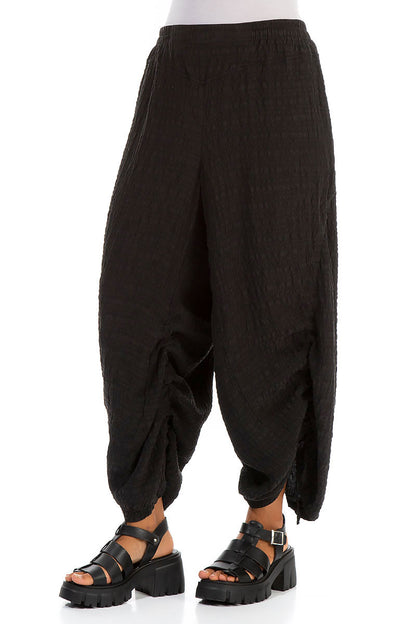 Ruched Wide Black Silk Trousers