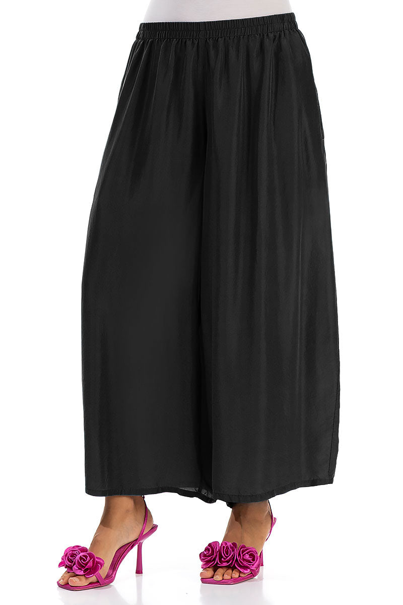 Cropped Wide Black Pure Silk Trousers 3