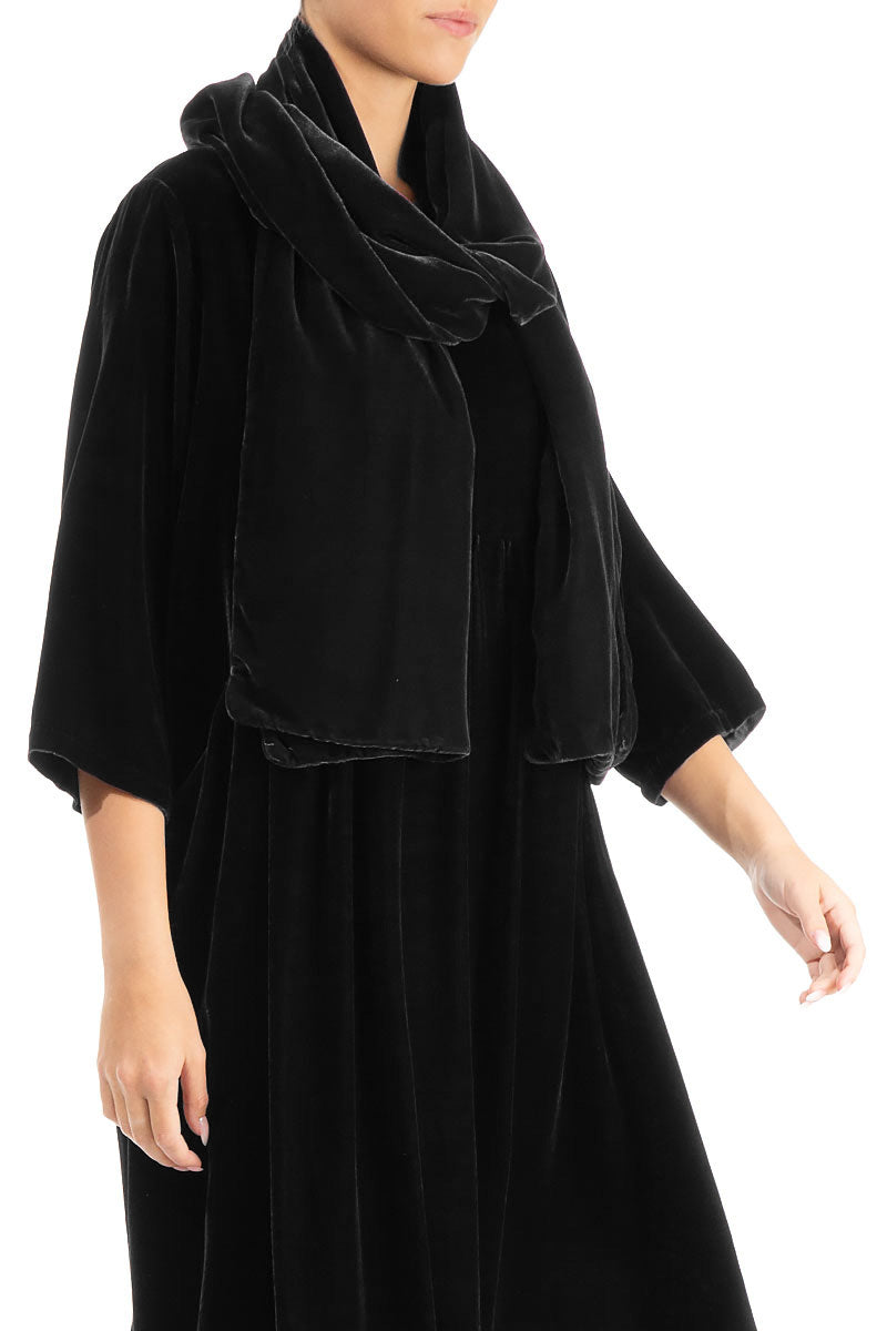 Wide Black Silk Velvet Scarf 3