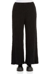 Wide Black Textured Silk Linen Trousers 1