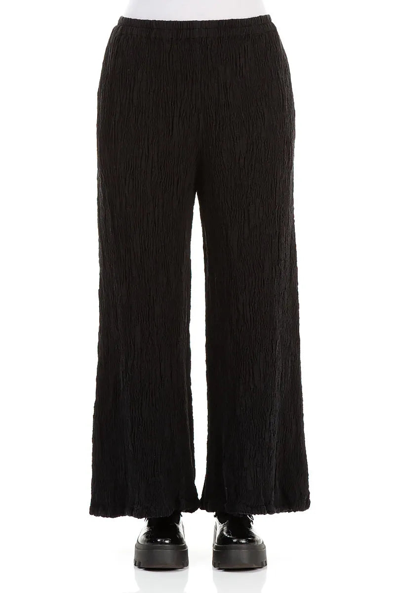 Wide Black Textured Silk Linen Trousers 1