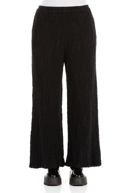 Wide Black Textured Silk Linen Trousers 1