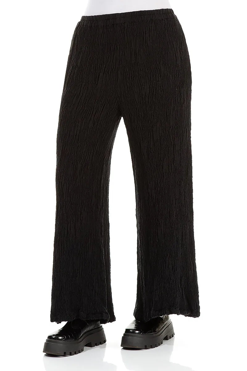 Wide Black Textured Silk Linen Trousers 3