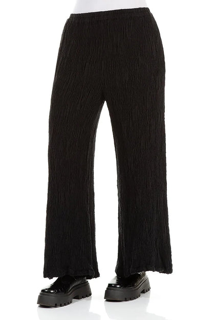 Wide Black Textured Silk Linen Trousers 3