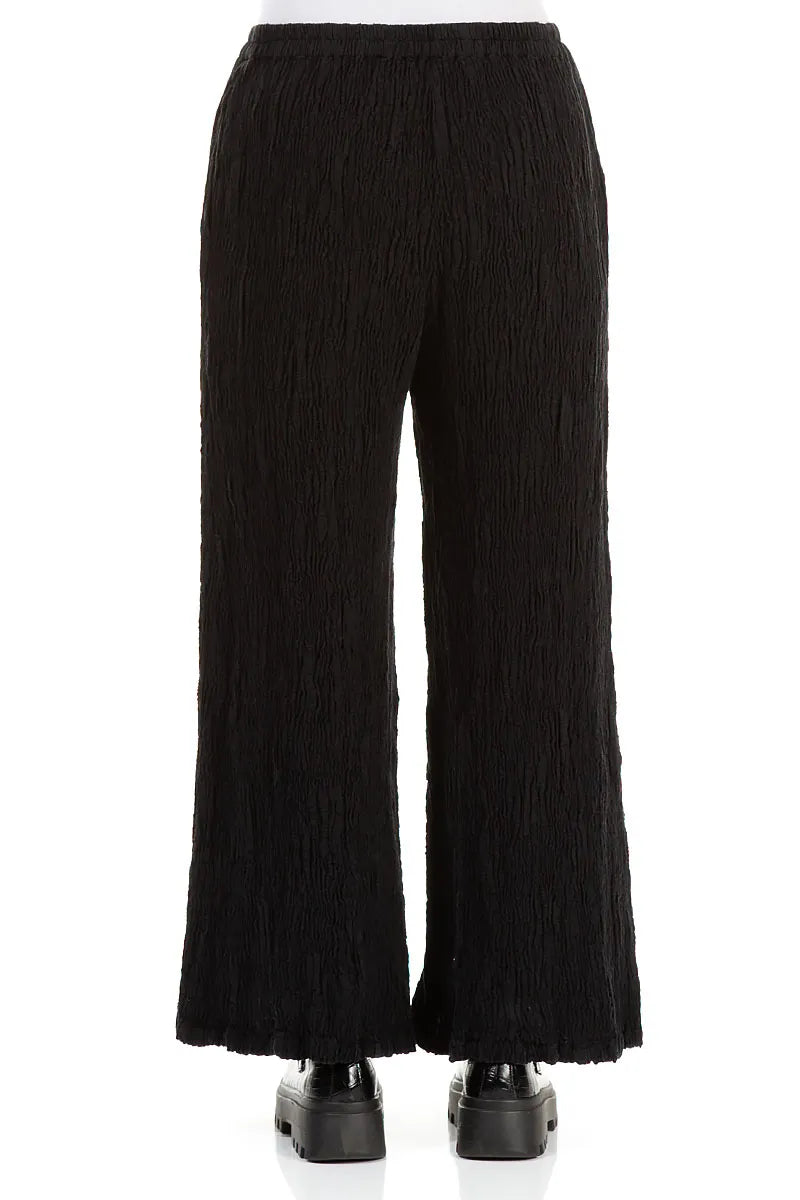 Wide Black Textured Silk Linen Trousers 2