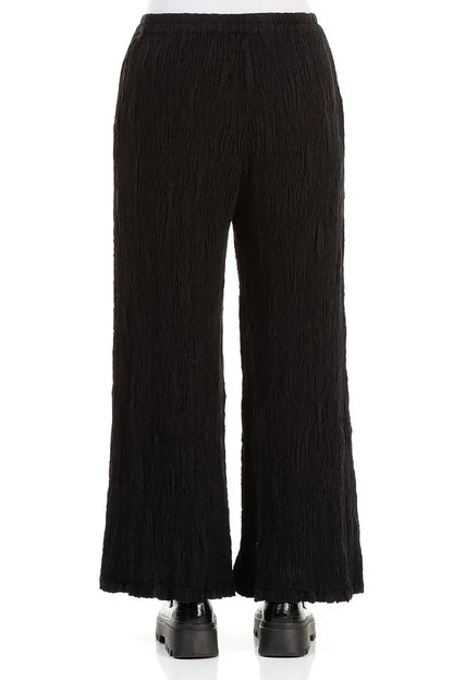 Wide Black Textured Silk Linen Trousers 2