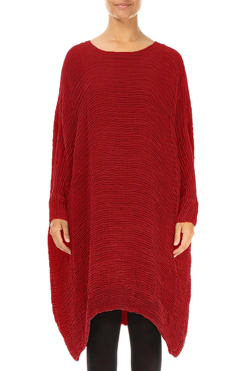 Wide Cherry Red Plissé Silk Kaftan Dress 1