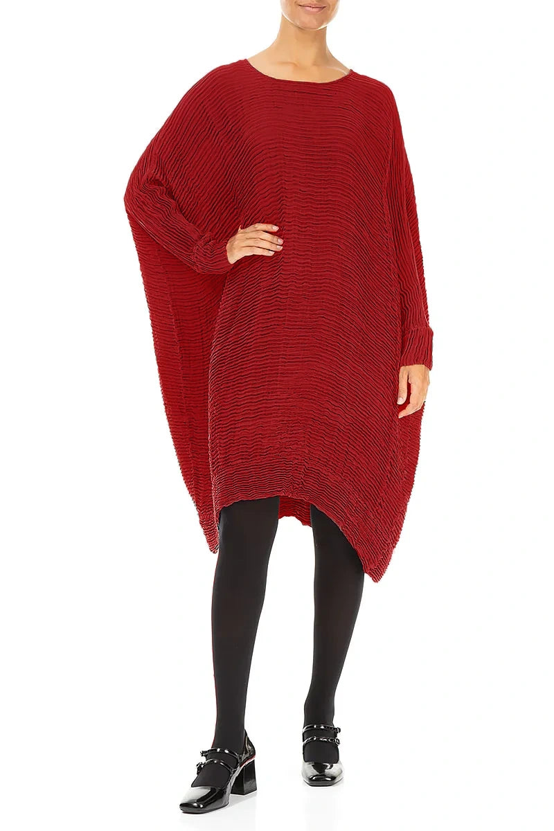 Wide Cherry Red Plissé Silk Kaftan Dress 4