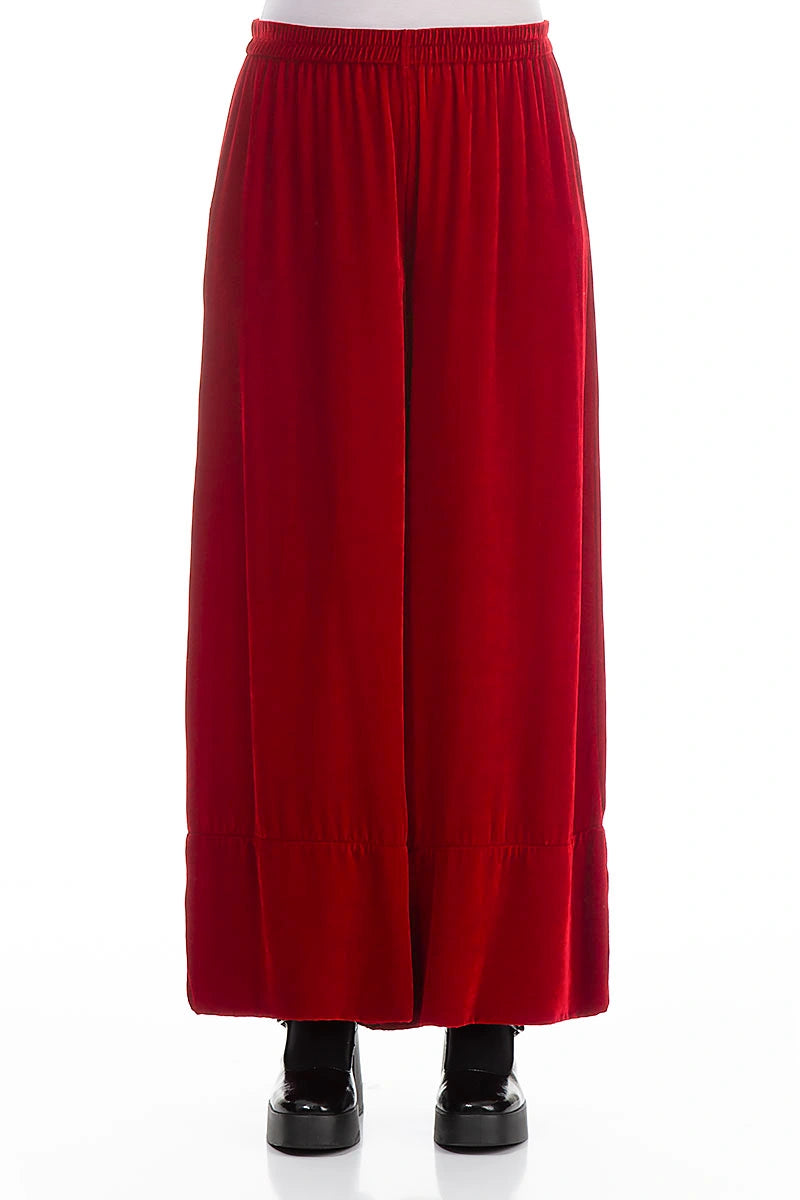 Wide Cherry Red Silk Velvet Trousers 1