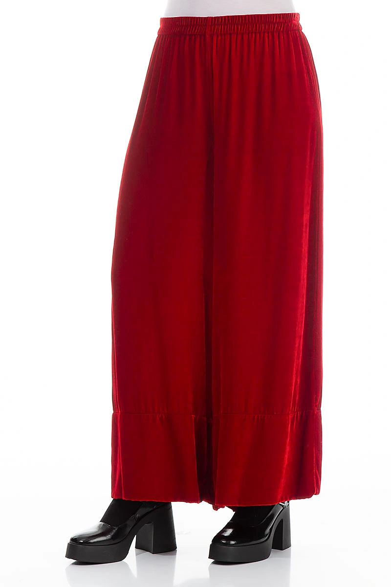 Wide Cherry Red Silk Velvet Trousers 3