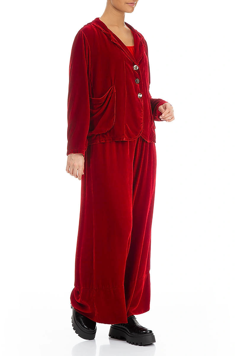Wide Cherry Red Silk Velvet Trousers 4
