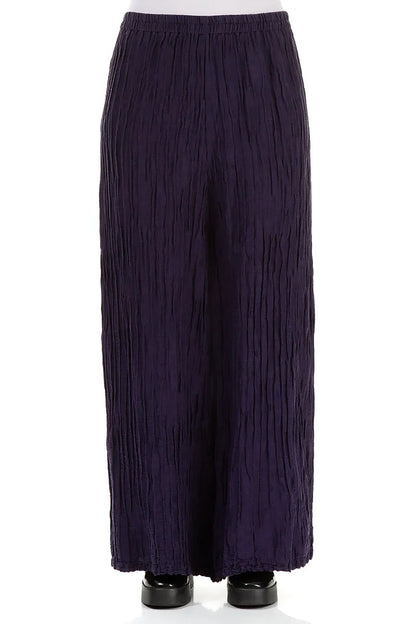 Wide Crinkled Royal Purple Silk Linen Trousers 1