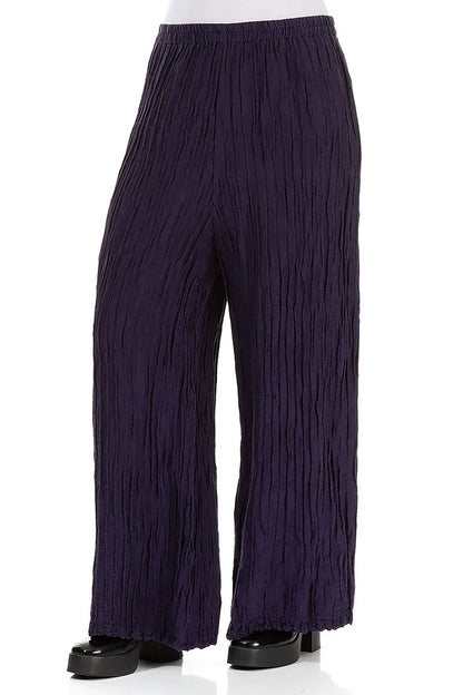 Wide Crinkled Royal Purple Silk Linen Trousers 3