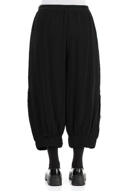 Wide Cropped Black Gauze Linen Trousers