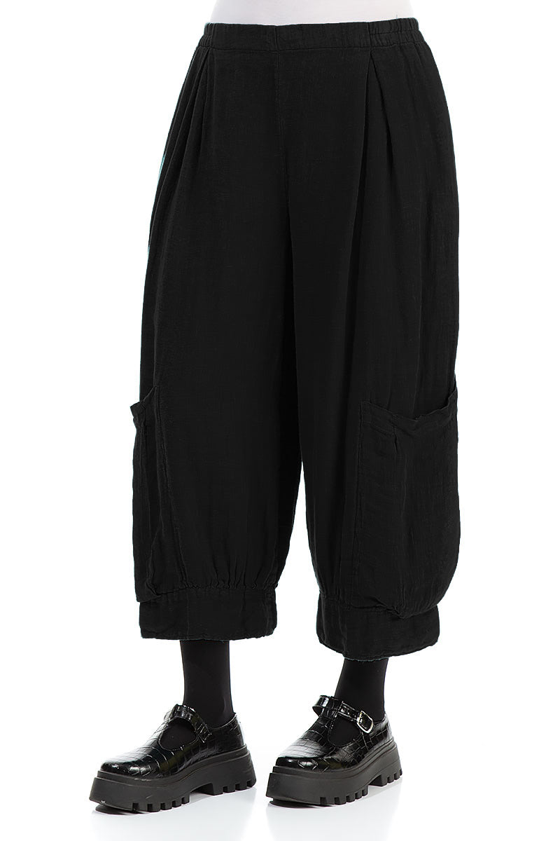 Wide Cropped Black Gauze Linen Trousers