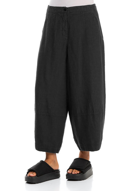 Wide Cropped Black Linen Trousers