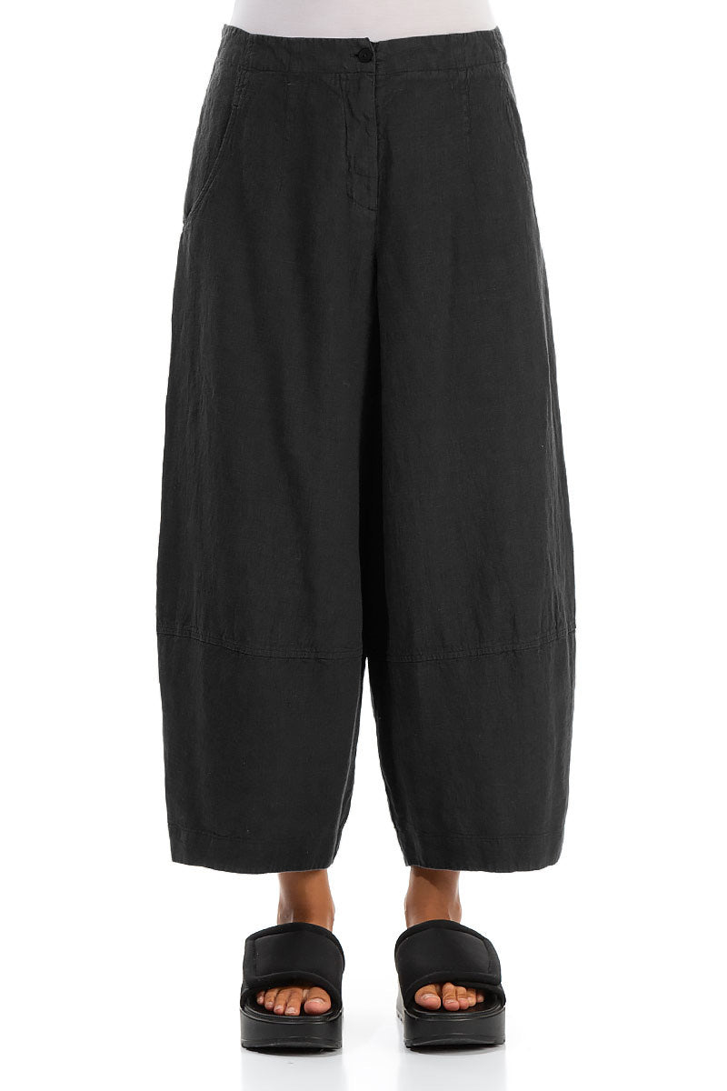 Wide Cropped Black Linen Trousers 1