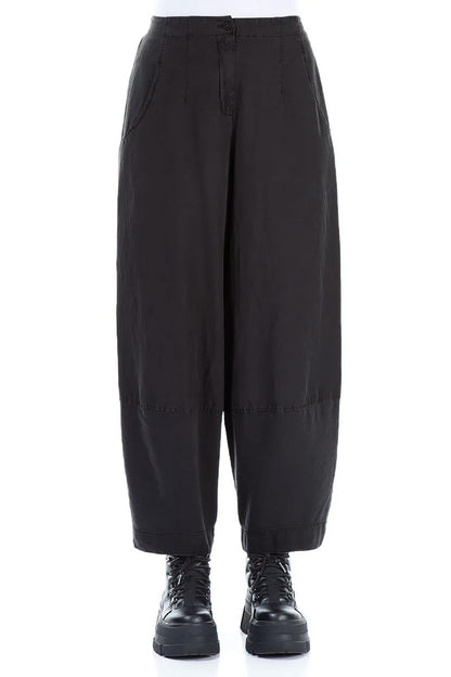 Wide Cropped Black Silk Linen Trousers 1