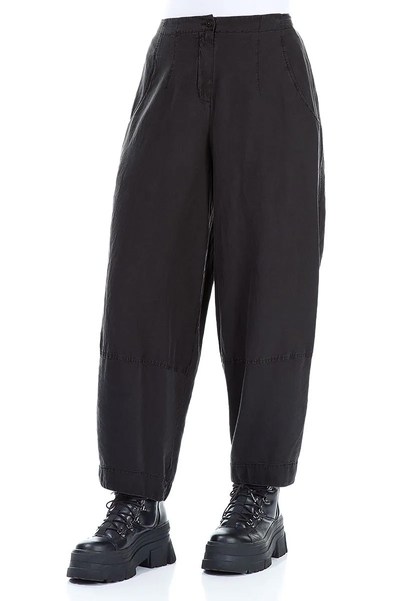Wide Cropped Black Silk Linen Trousers 3