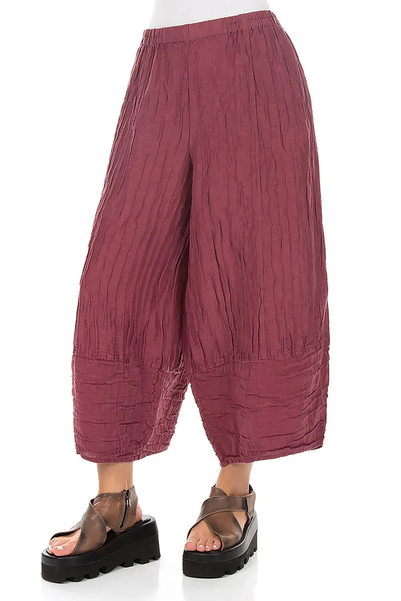 Wide Cropped Crinkled Antique Ruby Silk Linen Trousers