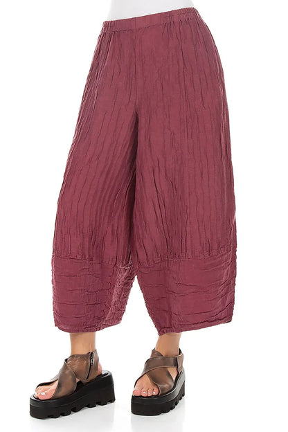 Wide Cropped Crinkled Antique Ruby Silk Linen Trousers