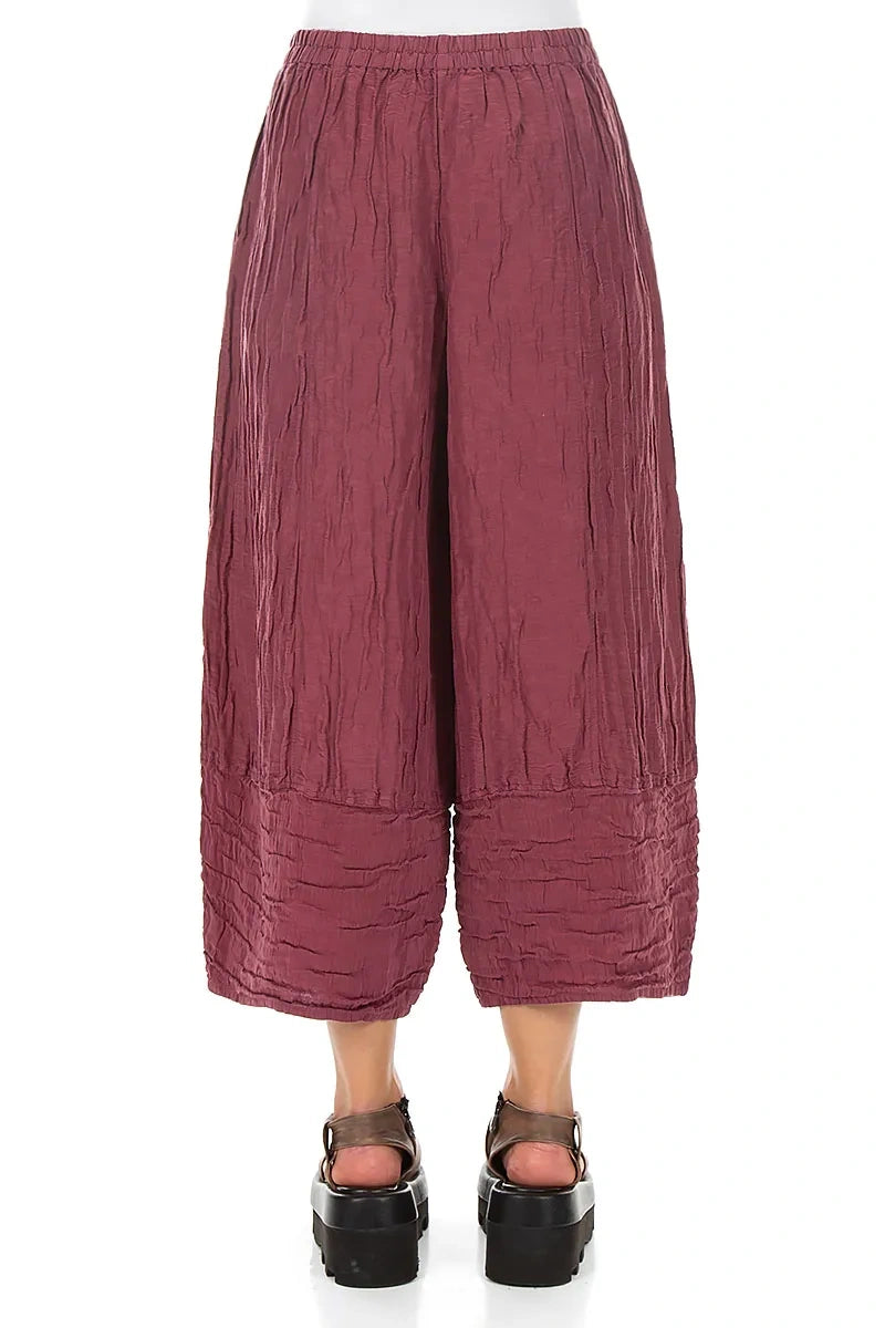 Wide Cropped Crinkled Antique Ruby Silk Linen Trousers