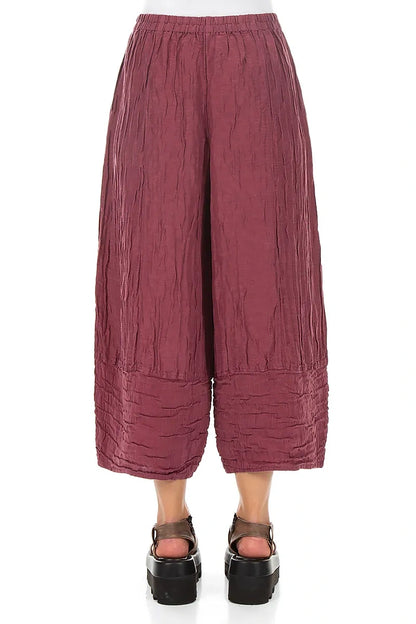 Wide Cropped Crinkled Antique Ruby Silk Linen Trousers