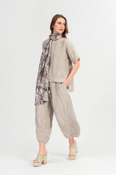 Wide Cropped Crinkled Beige Silk Linen Trousers 6