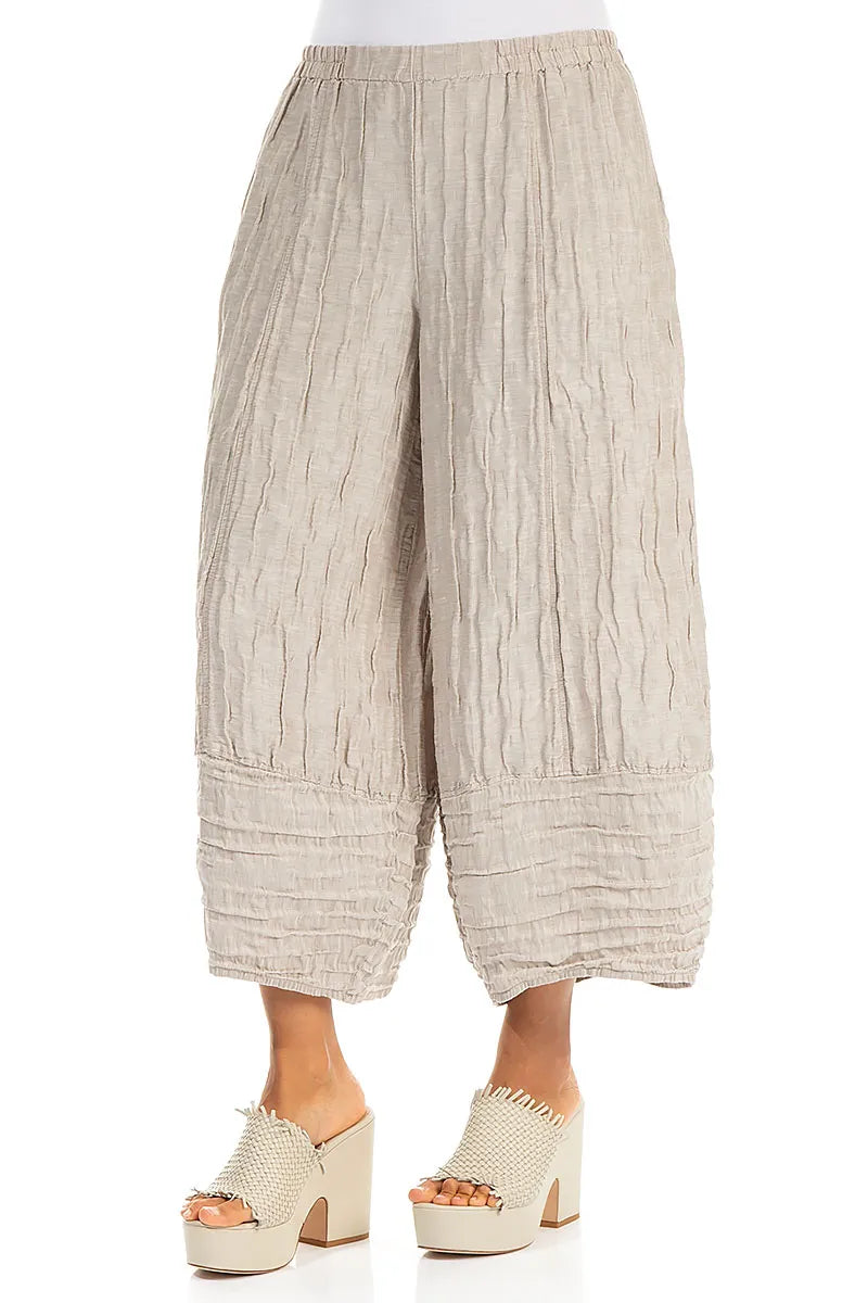Wide Cropped Crinkled Beige Silk Linen Trousers 3