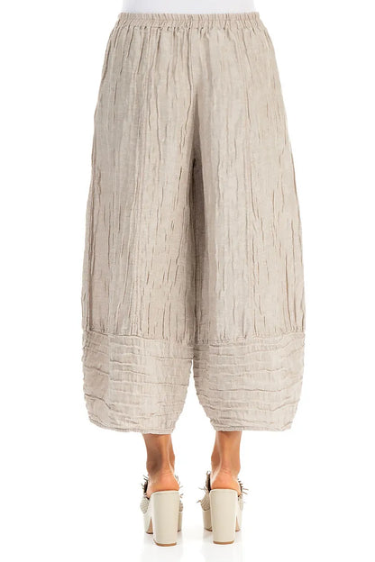 Wide Cropped Crinkled Beige Silk Linen Trousers 2