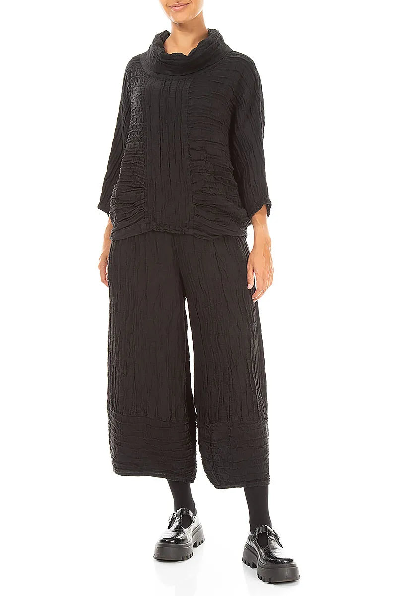 Wide Cropped Crinkled Black Silk Linen Trousers
