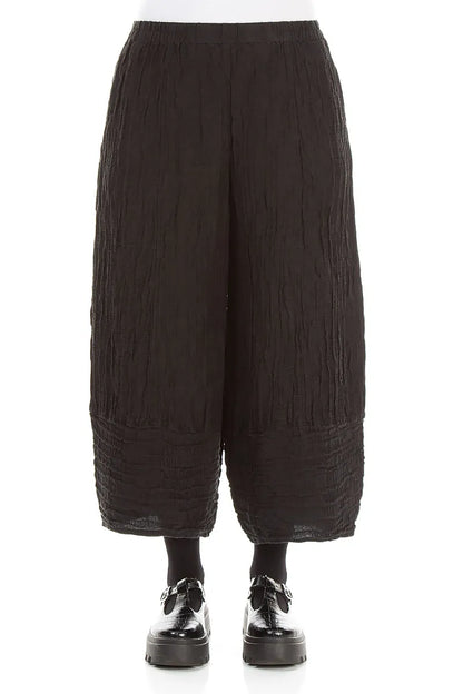 Wide Cropped Crinkled Black Silk Linen Trousers