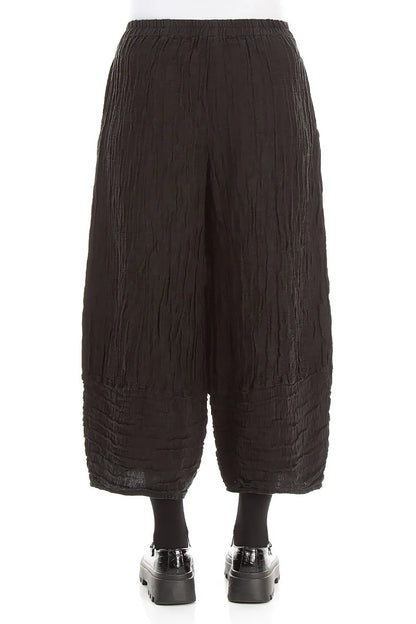 Wide Cropped Crinkled Black Silk Linen Trousers
