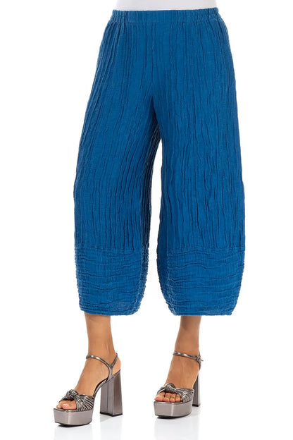 Wide Cropped Crinkled Cobalt Blue Silk Linen Trousers 3