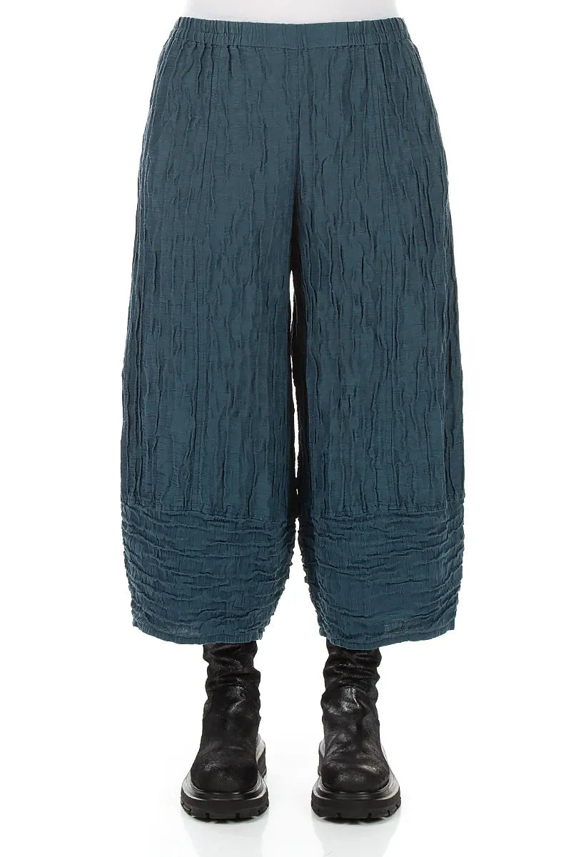 Wide Cropped Crinkled Deep Turquoise Silk Linen Trousers