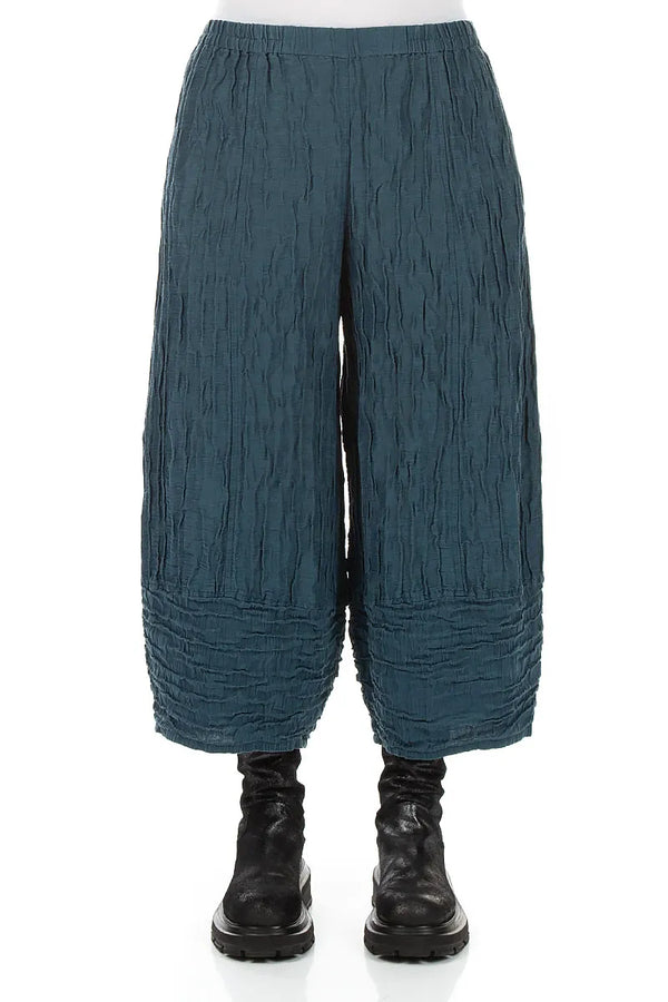 Wide Cropped Crinkled Deep Turquoise Silk Linen Trousers