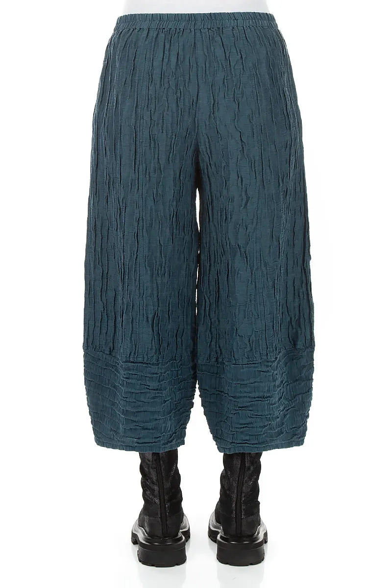 Wide Cropped Crinkled Deep Turquoise Silk Linen Trousers