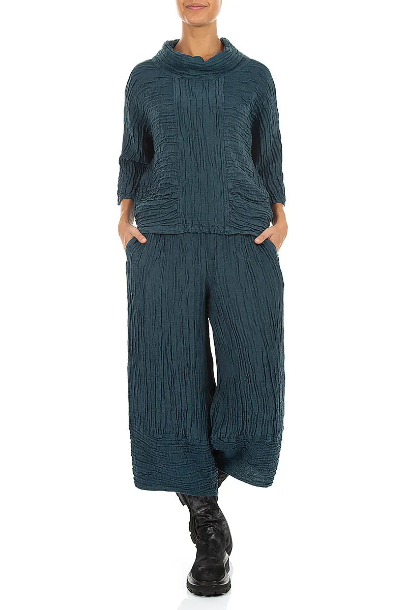 Wide Cropped Crinkled Deep Turquoise Silk Linen Trousers