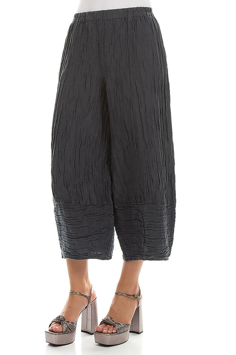 Wide Cropped Crinkled Graphite Silk Linen Trousers 3