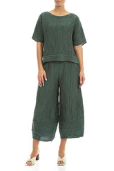 Wide Cropped Crinkled Sage Silk Linen Trousers 4