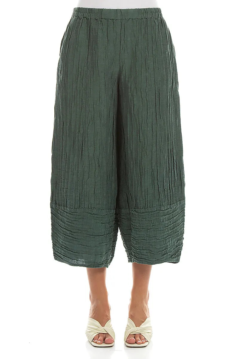 Wide Cropped Crinkled Sage Silk Linen Trousers 1