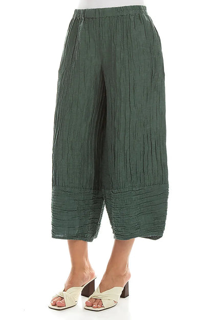 Wide Cropped Crinkled Sage Silk Linen Trousers 3