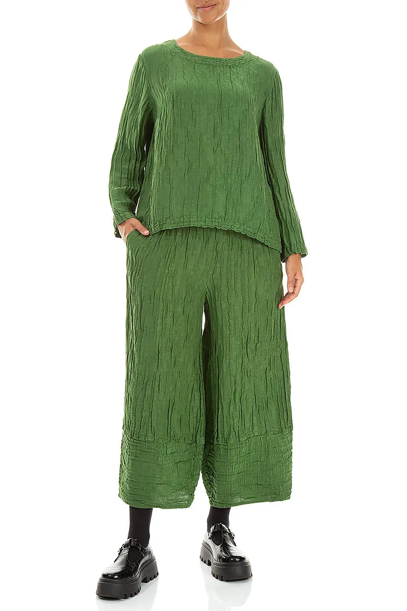 Pantalon larges raccourcis en soie et Lin Froissé vert trèfle