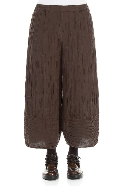 Pantalon large raccourci en Soie et Lin Froissé marron truffe