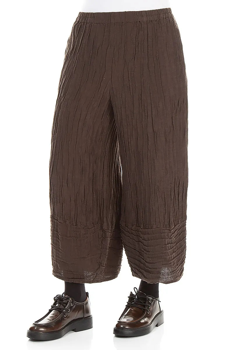 Pantalon large raccourci en Soie et Lin Froissé marron truffe